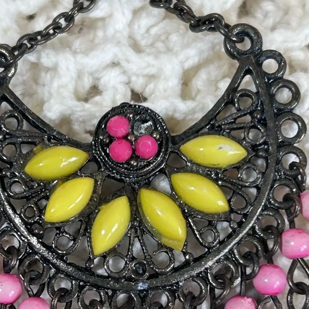 Dangle Hook Chandelier Earrings Boho Filigree Bead Pink Yellow Black Drop